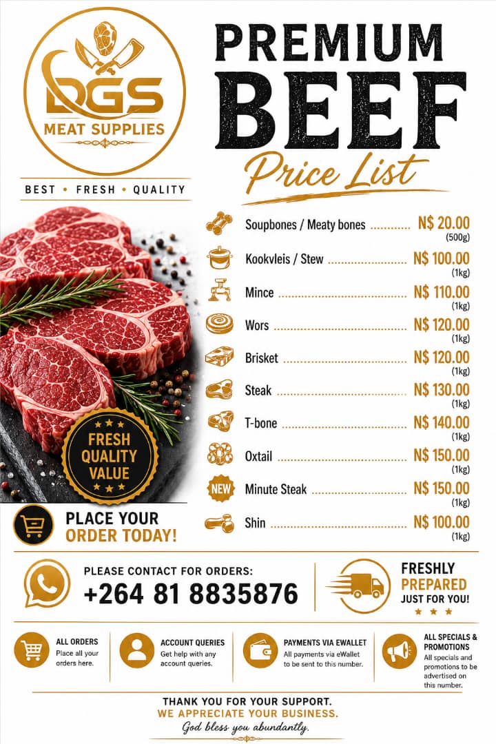 Premium beef price list from DGS Meat Supplies
